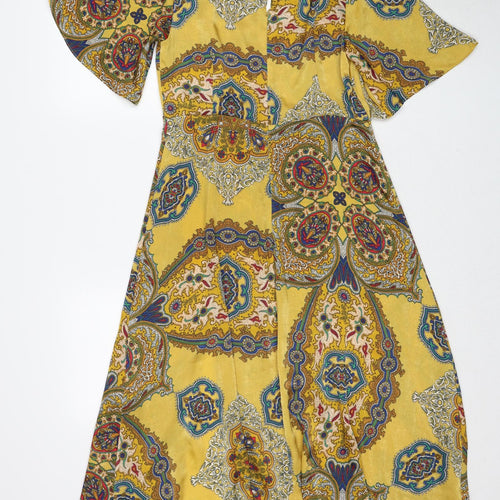 Zara Womens Yellow Geometric Polyester Trapeze & Swing Size M Round Neck Zip