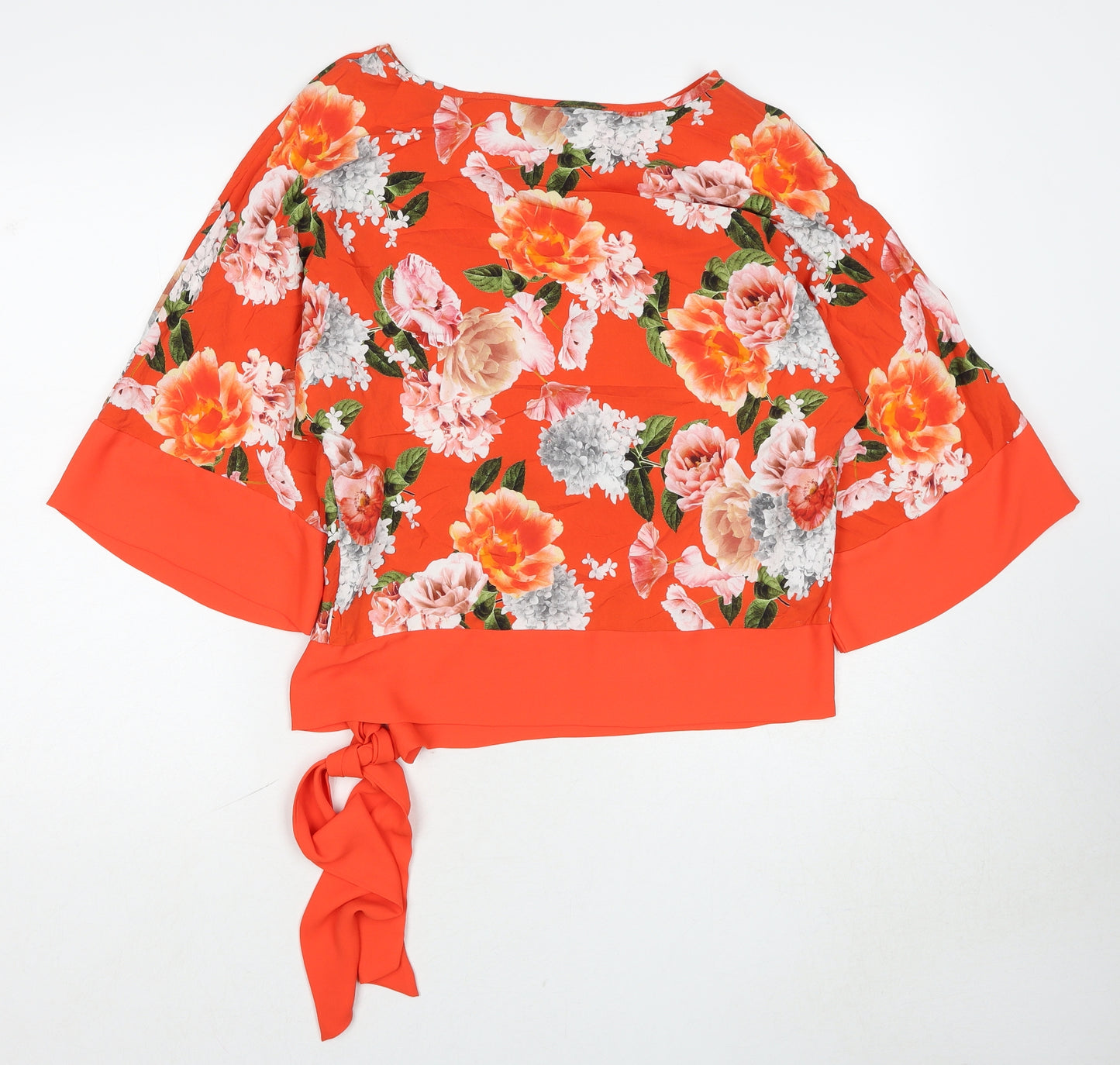 Dorothy Perkins Womens Red Floral Viscose Basic Blouse Size 8 Boat Neck - Tie Side Detail