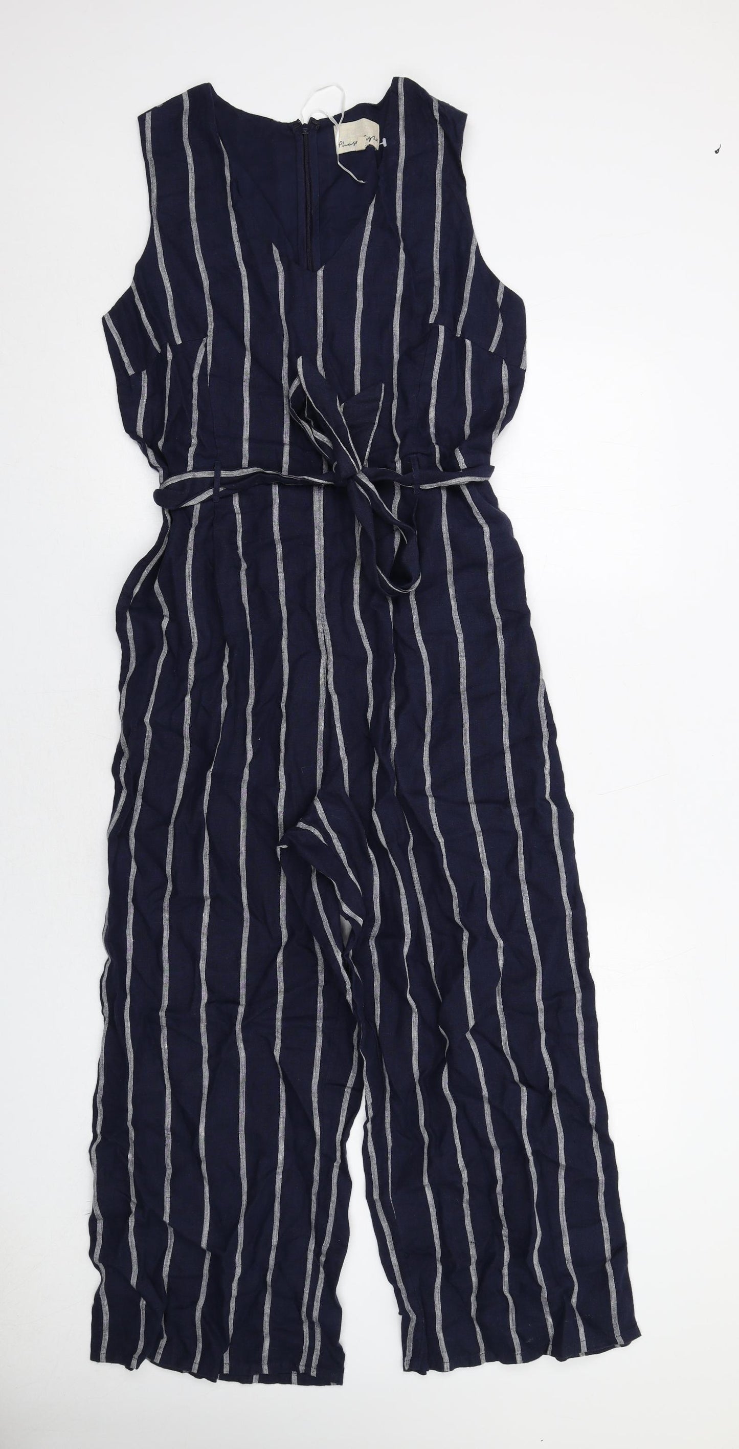 Phase Eight Womens Blue Striped Cotton Jumpsuit One-Piece Size 12 Zip