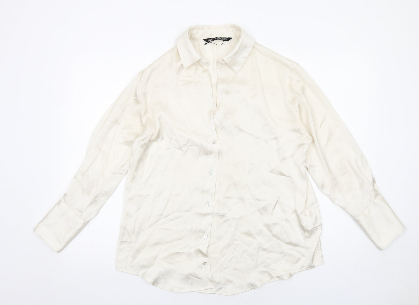 Zara Womens Ivory Polyester Basic Button-Up Size XS Collared