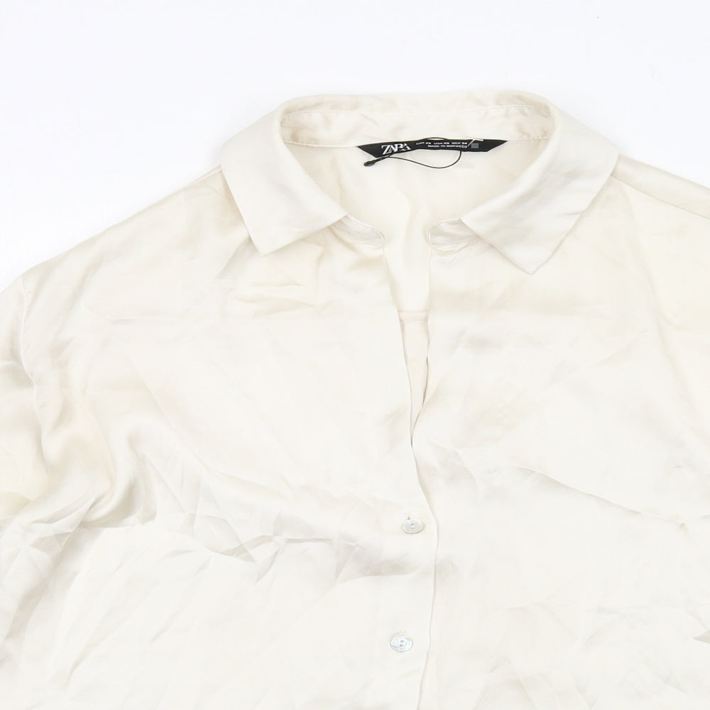 Zara Womens Ivory Polyester Basic Button-Up Size XS Collared