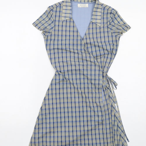 Urban Outfitters Womens Blue Plaid Polyester Wrap Dress Size XS Collared Tie