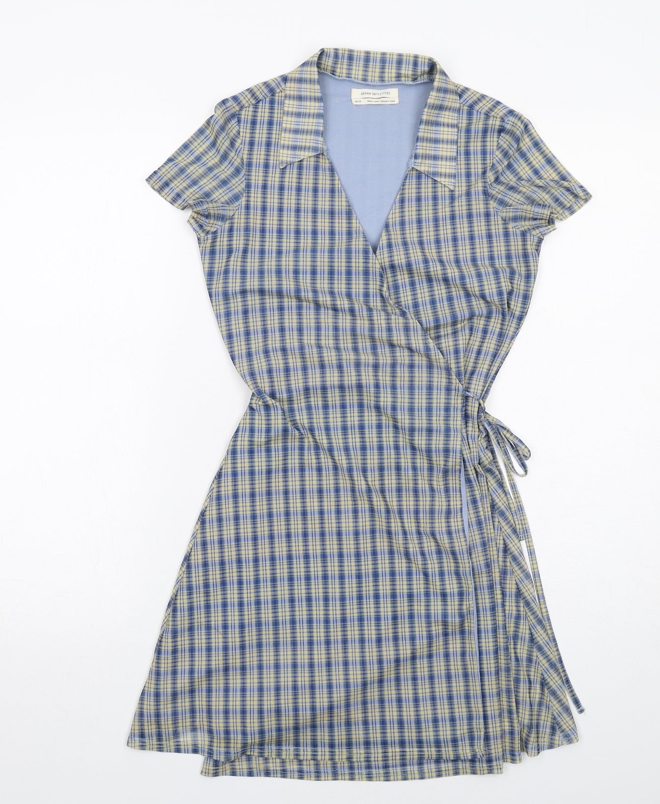 Urban Outfitters Womens Blue Plaid Polyester Wrap Dress Size XS Collared Tie