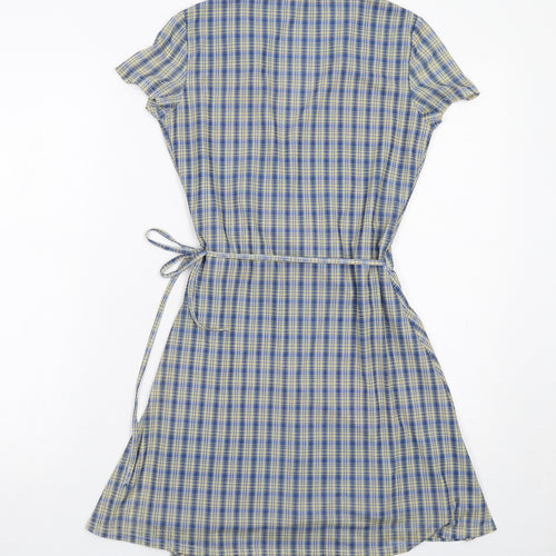 Urban Outfitters Womens Blue Plaid Polyester Wrap Dress Size XS Collared Tie