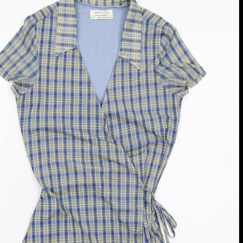 Urban Outfitters Womens Blue Plaid Polyester Wrap Dress Size XS Collared Tie