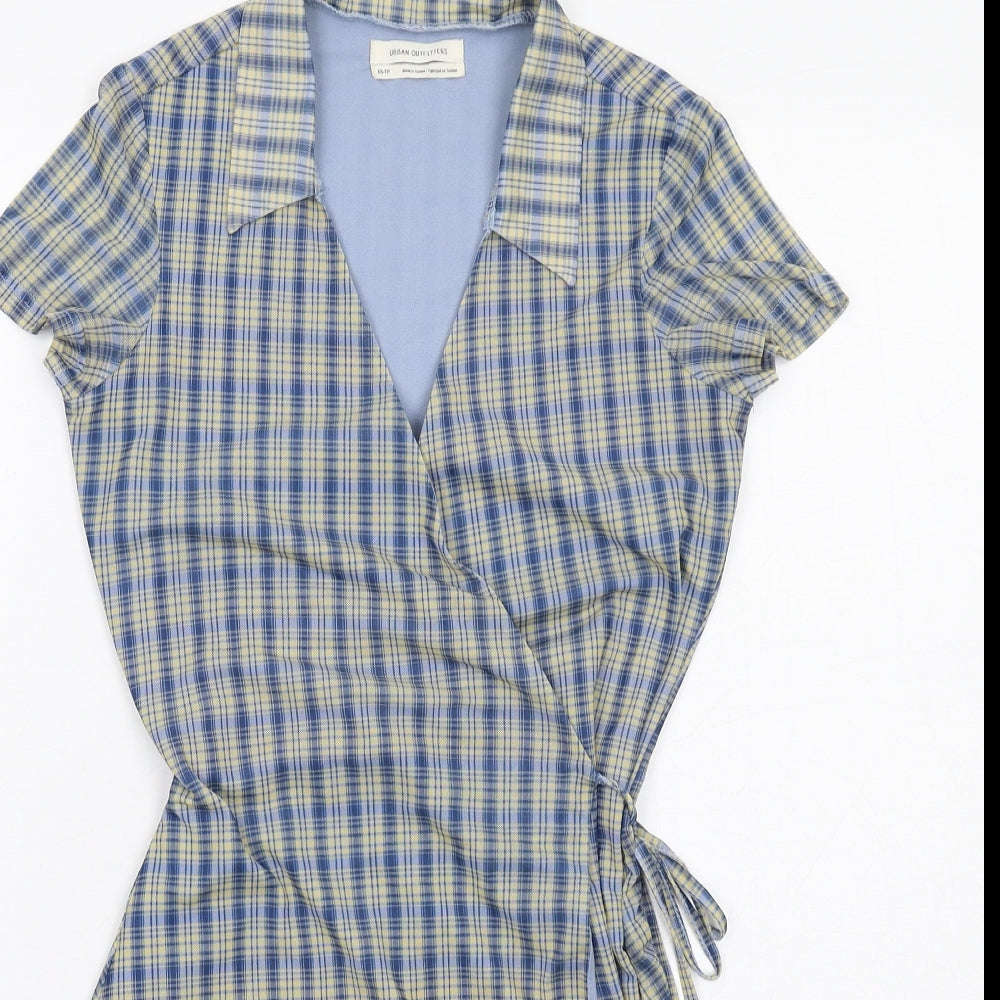 Urban Outfitters Womens Blue Plaid Polyester Wrap Dress Size XS Collared Tie