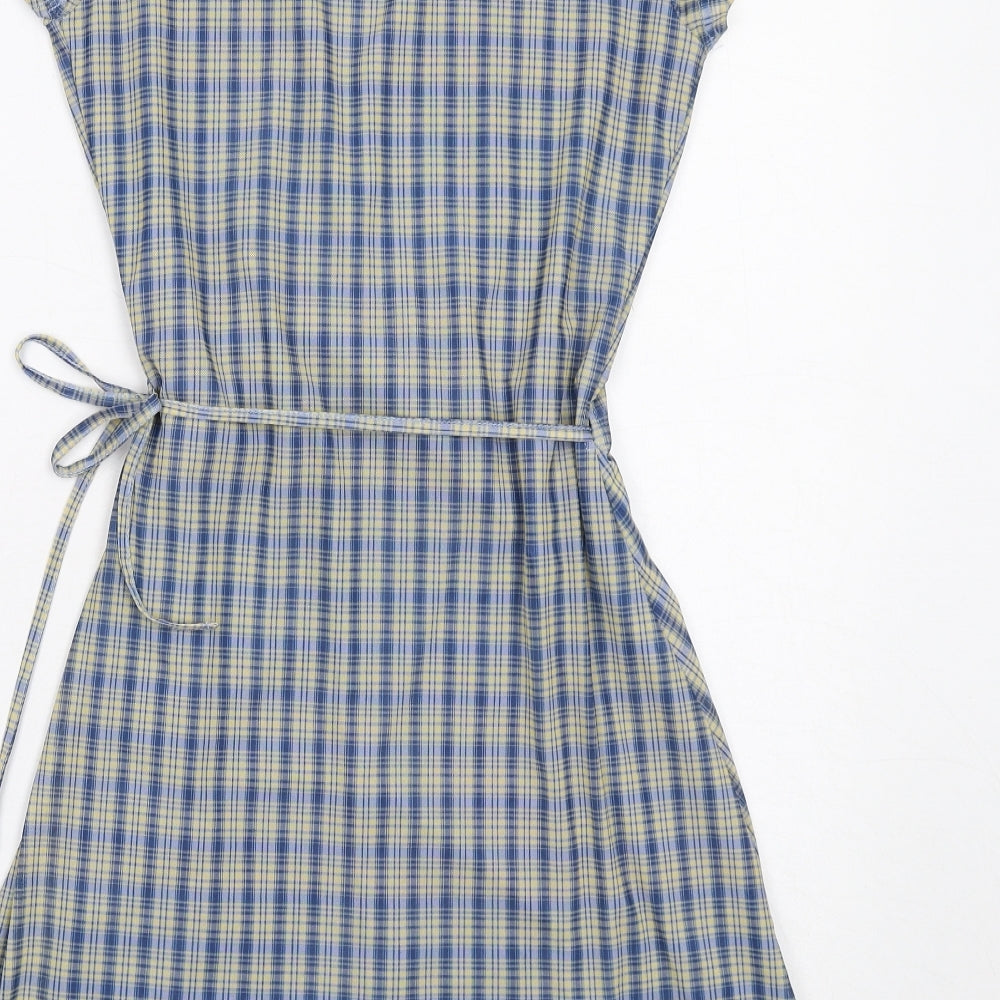 Urban Outfitters Womens Blue Plaid Polyester Wrap Dress Size XS Collared Tie