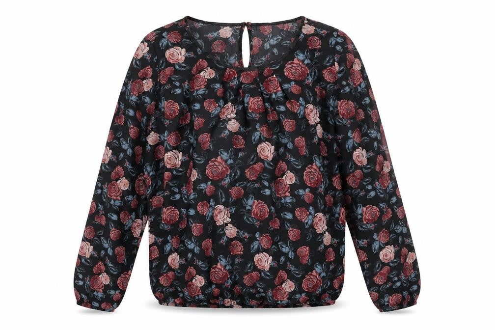 ESMARA Womens Black Floral Polyester Basic Blouse Size 12 Round Neck