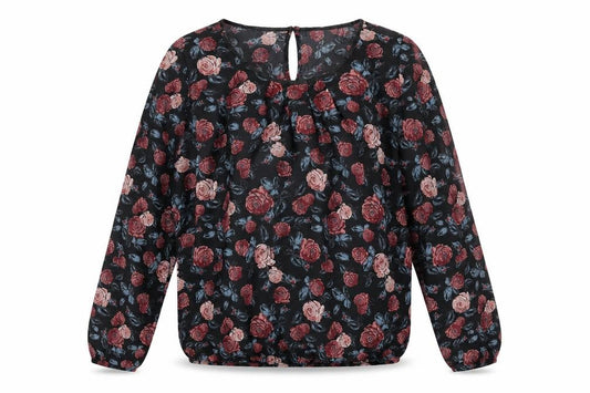Front view of ESMARA women’s black floral polyester basic blouse, size UK 12, round neck