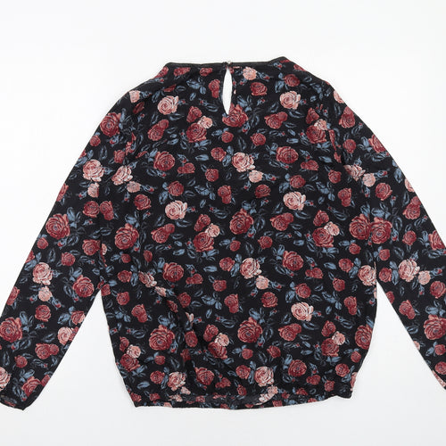 ESMARA Womens Black Floral Polyester Basic Blouse Size 12 Round Neck