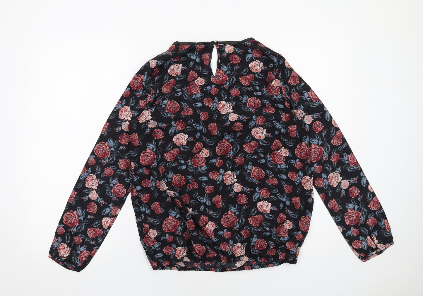 ESMARA Womens Black Floral Polyester Basic Blouse Size 12 Round Neck