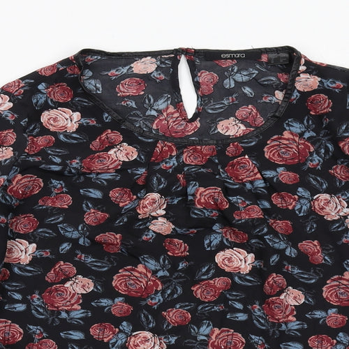 ESMARA Womens Black Floral Polyester Basic Blouse Size 12 Round Neck