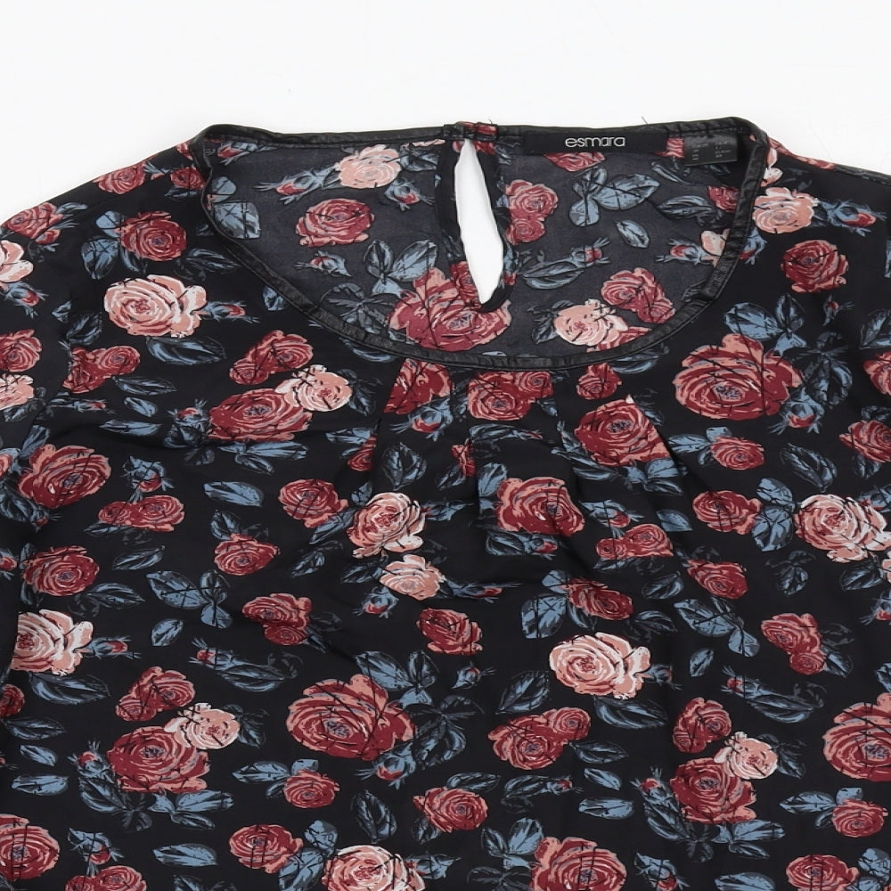 ESMARA Womens Black Floral Polyester Basic Blouse Size 12 Round Neck