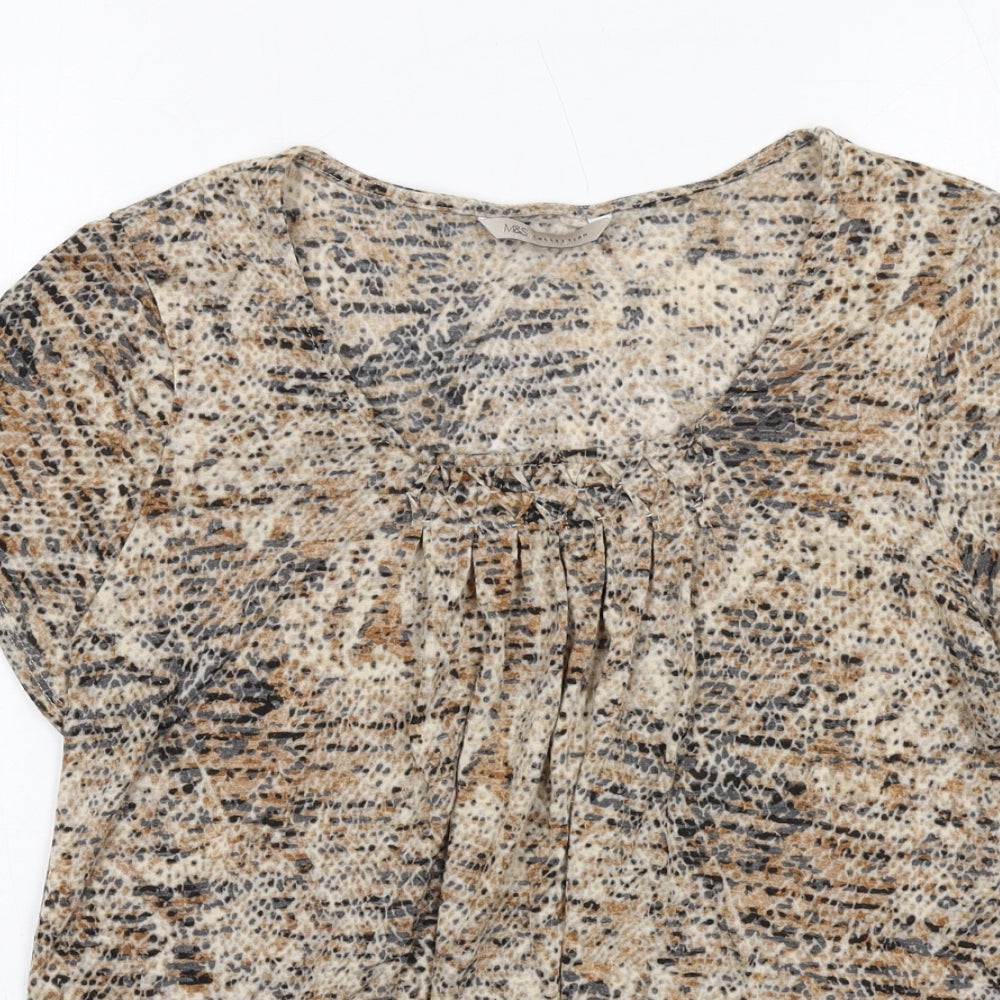 Marks and Spencer Womens Brown Geometric Polyester Basic T-Shirt Size 16 Round Neck