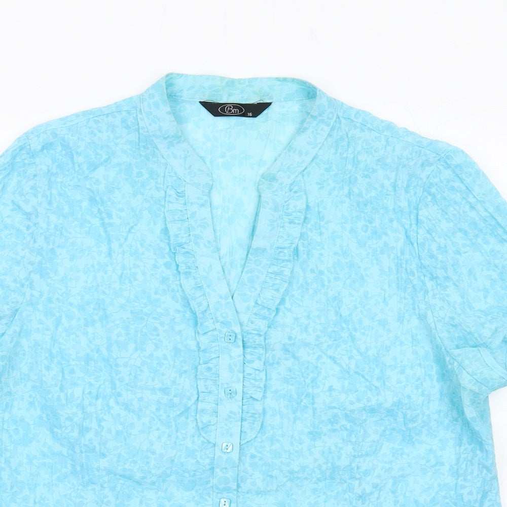 Bonmarché Womens Blue Geometric Polyester Basic Button-Up Size 16 V-Neck