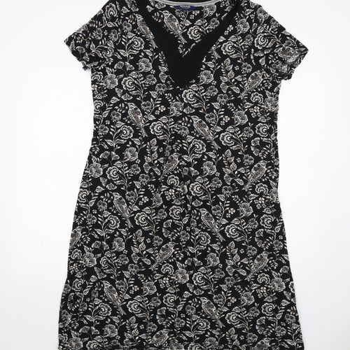 Maine Womens Black Floral Viscose A-Line Size 18 V-Neck Pullover - Bird Pattern