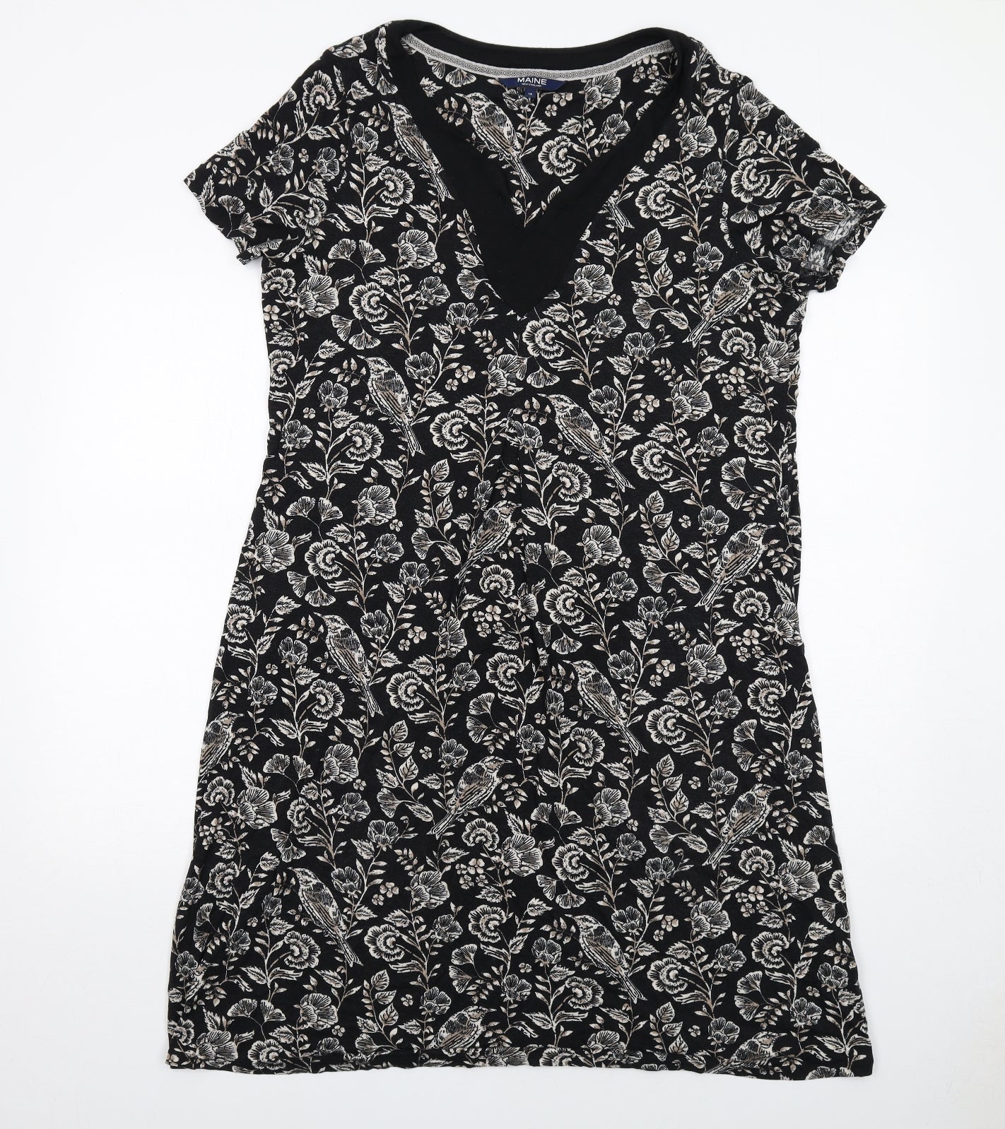 Maine Womens Black Floral Viscose A-Line Size 18 V-Neck Pullover - Bird Pattern
