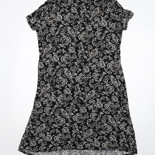 Maine Womens Black Floral Viscose A-Line Size 18 V-Neck Pullover - Bird Pattern