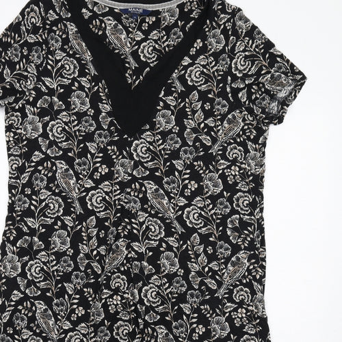 Maine Womens Black Floral Viscose A-Line Size 18 V-Neck Pullover - Bird Pattern