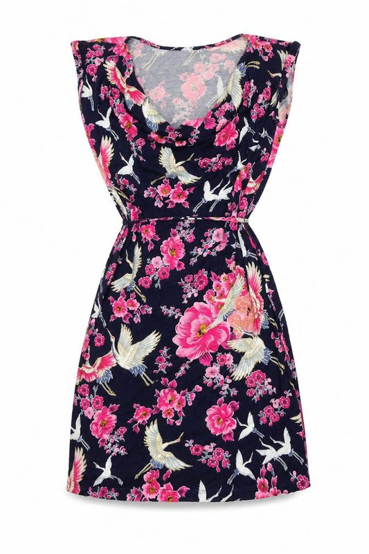 Front view of Oasis women’s blue floral viscose a-line, size S, cowl neck pullover