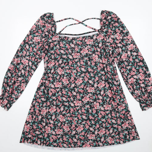 River Island Womens Black Floral Polyester Fit & Flare Size 18 Square Neck Pullover