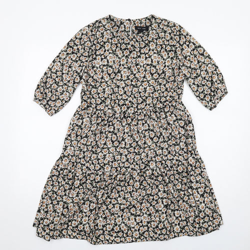 New Look Womens Black Floral Polyester A-Line Size 8 Round Neck Button - Tiered