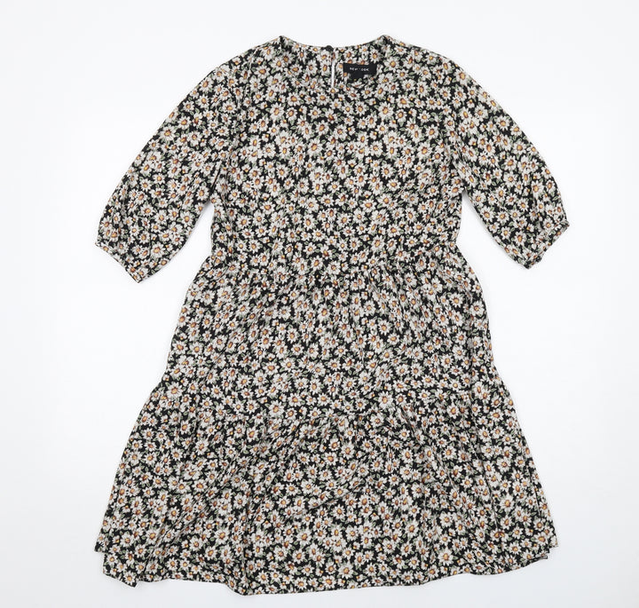 New Look Womens Black Floral Polyester A-Line Size 8 Round Neck Button - Tiered