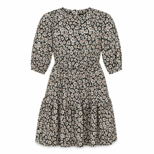 Front view of New Look women’s black floral polyester a-line, size UK 8, round neck button - tiered