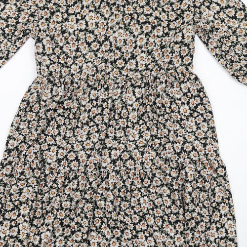 New Look Womens Black Floral Polyester A-Line Size 8 Round Neck Button - Tiered