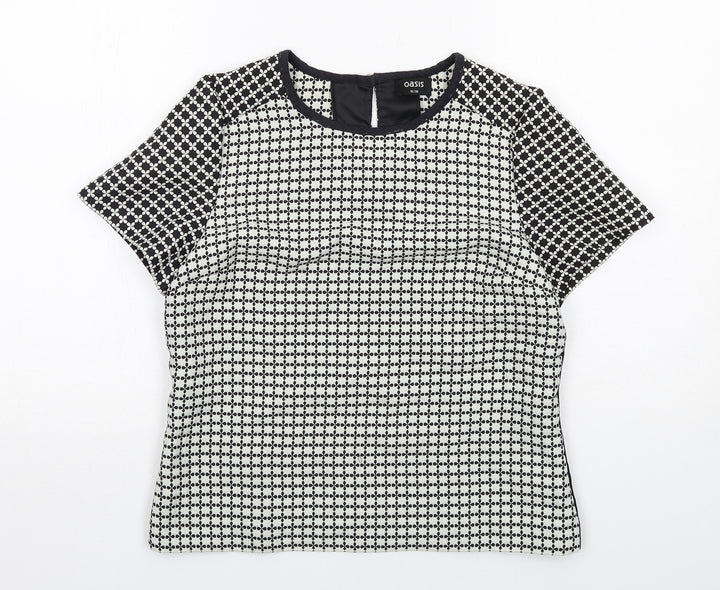 Oasis Womens Black Geometric Polyester Basic Blouse Size 10 Round Neck
