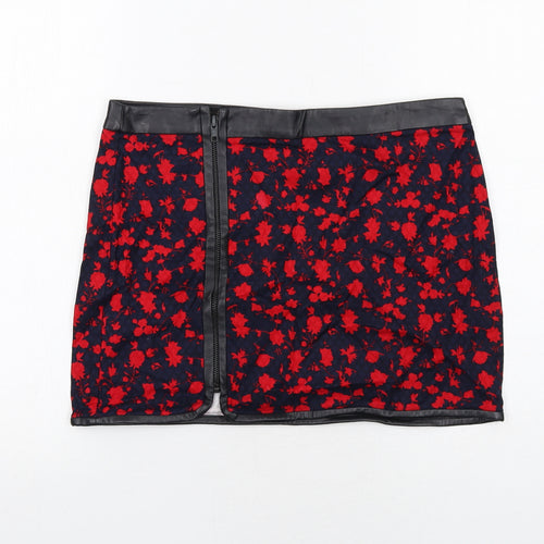 Mango Womens Blue Floral Cotton Mini Skirt Size 8 Zip