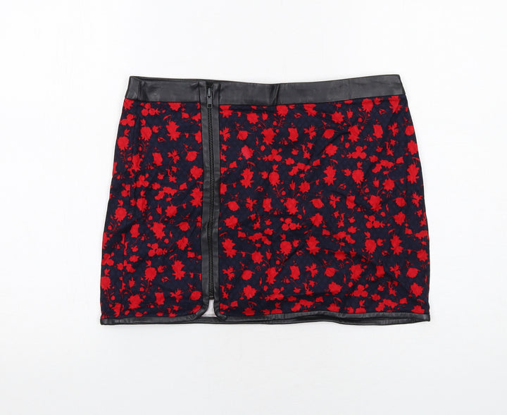 Mango Womens Blue Floral Cotton Mini Skirt Size 8 Zip