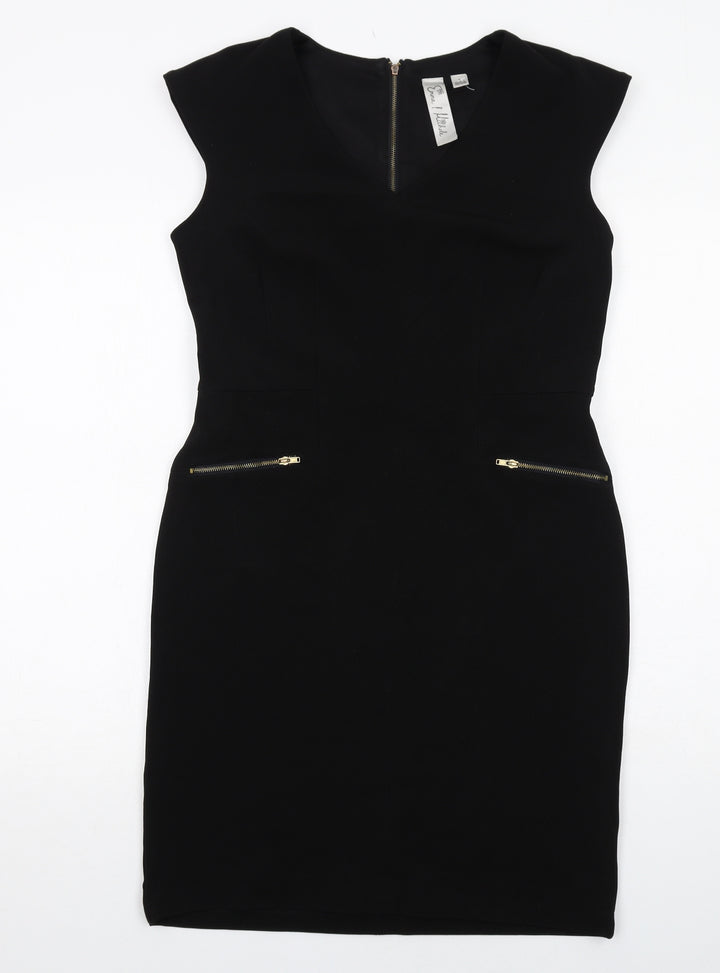 Emma & Michele Womens Black Polyester Pencil Dress Size 6 V-Neck Zip - Cap Sleeve
