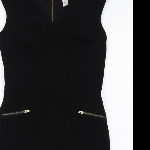Emma & Michele Womens Black Polyester Pencil Dress Size 6 V-Neck Zip - Cap Sleeve