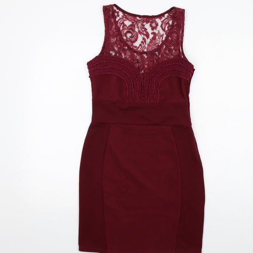 Lipsy Womens Red Polyester Bodycon Size 10 Scoop Neck Zip - Lace Detail