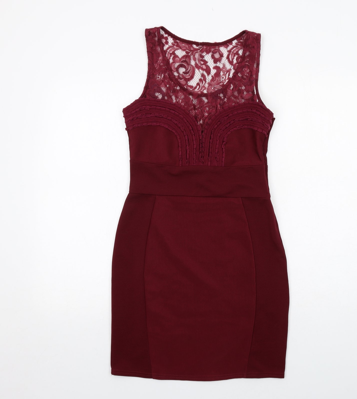 Lipsy Womens Red Polyester Bodycon Size 10 Scoop Neck Zip - Lace Detail