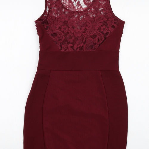 Lipsy Womens Red Polyester Bodycon Size 10 Scoop Neck Zip - Lace Detail