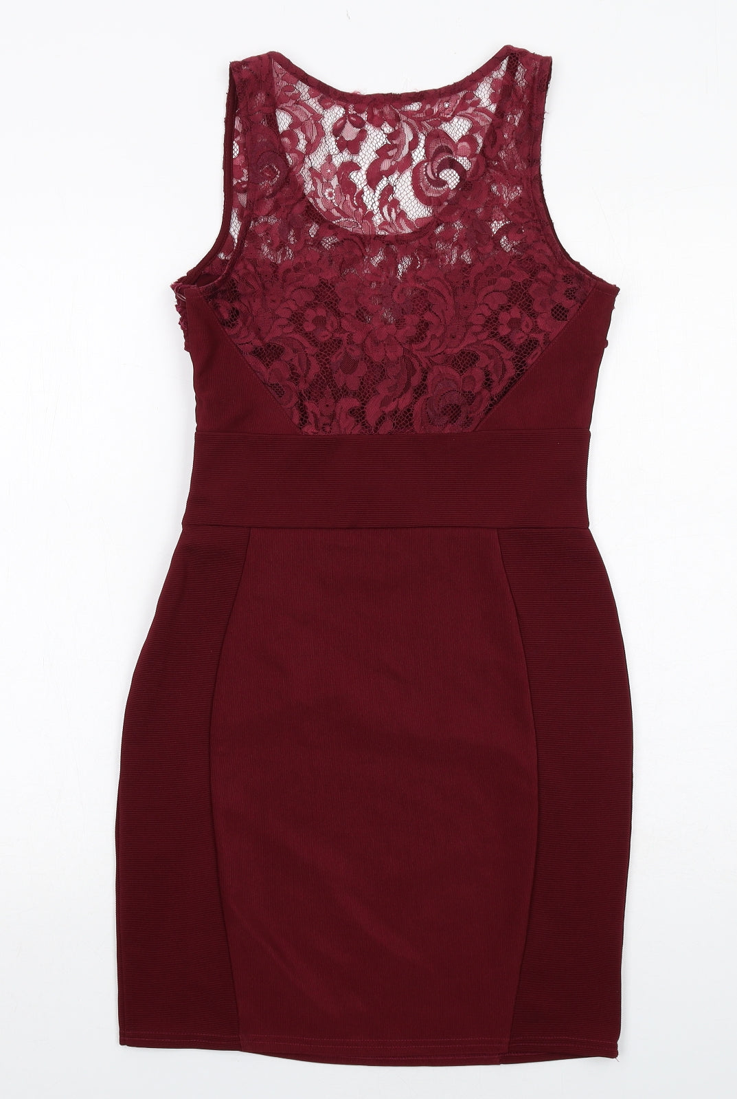 Lipsy Womens Red Polyester Bodycon Size 10 Scoop Neck Zip - Lace Detail