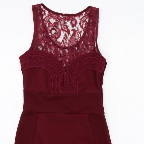 Lipsy Womens Red Polyester Bodycon Size 10 Scoop Neck Zip - Lace Detail