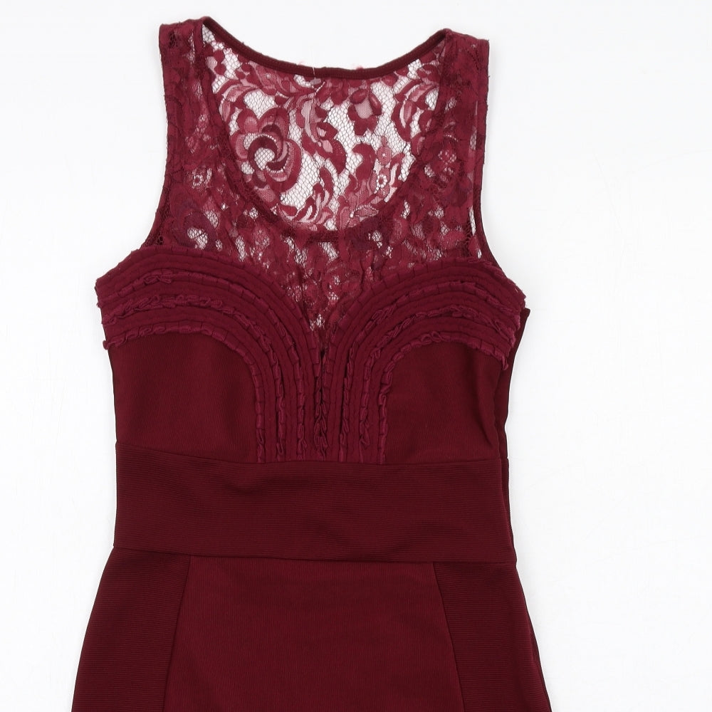 Lipsy Womens Red Polyester Bodycon Size 10 Scoop Neck Zip - Lace Detail
