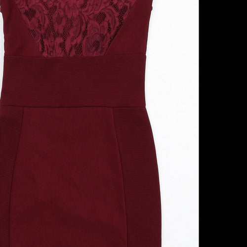 Lipsy Womens Red Polyester Bodycon Size 10 Scoop Neck Zip - Lace Detail
