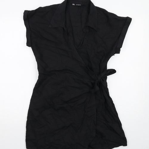 Zara Womens Black Linen Playsuit One-Piece Size L Zip - Wrap Style