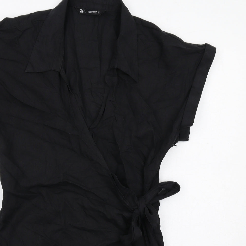 Zara Womens Black Linen Playsuit One-Piece Size L Zip - Wrap Style