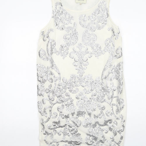 River Island Womens Ivory Geometric Polyester Shift Size 10 Boat Neck Zip - Embellished