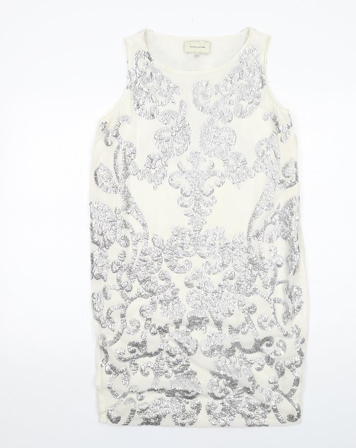 River Island Womens Ivory Geometric Polyester Shift Size 10 Boat Neck Zip - Embellished