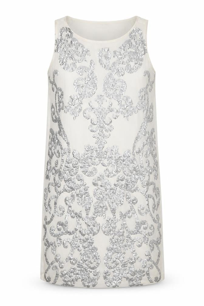 Front view of River Island women’s ivory geometric polyester shift, size UK 10, boat neck zip - embellished