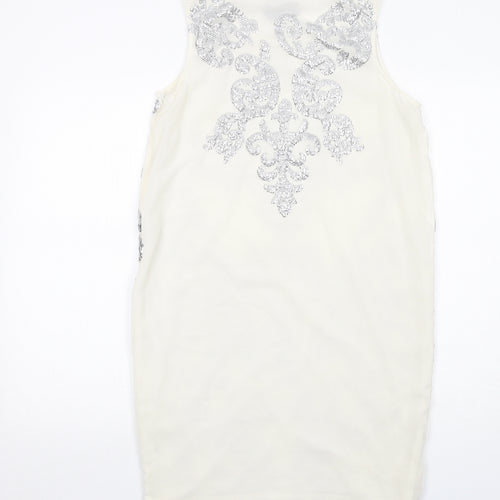River Island Womens Ivory Geometric Polyester Shift Size 10 Boat Neck Zip - Embellished