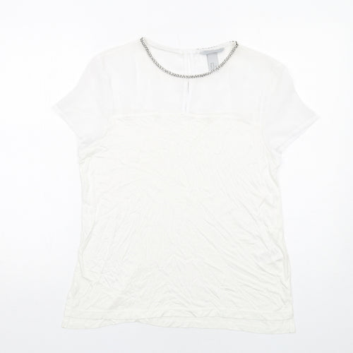H&M Womens White Polyester Basic T-Shirt Size M Boat Neck - Embellished Neckline