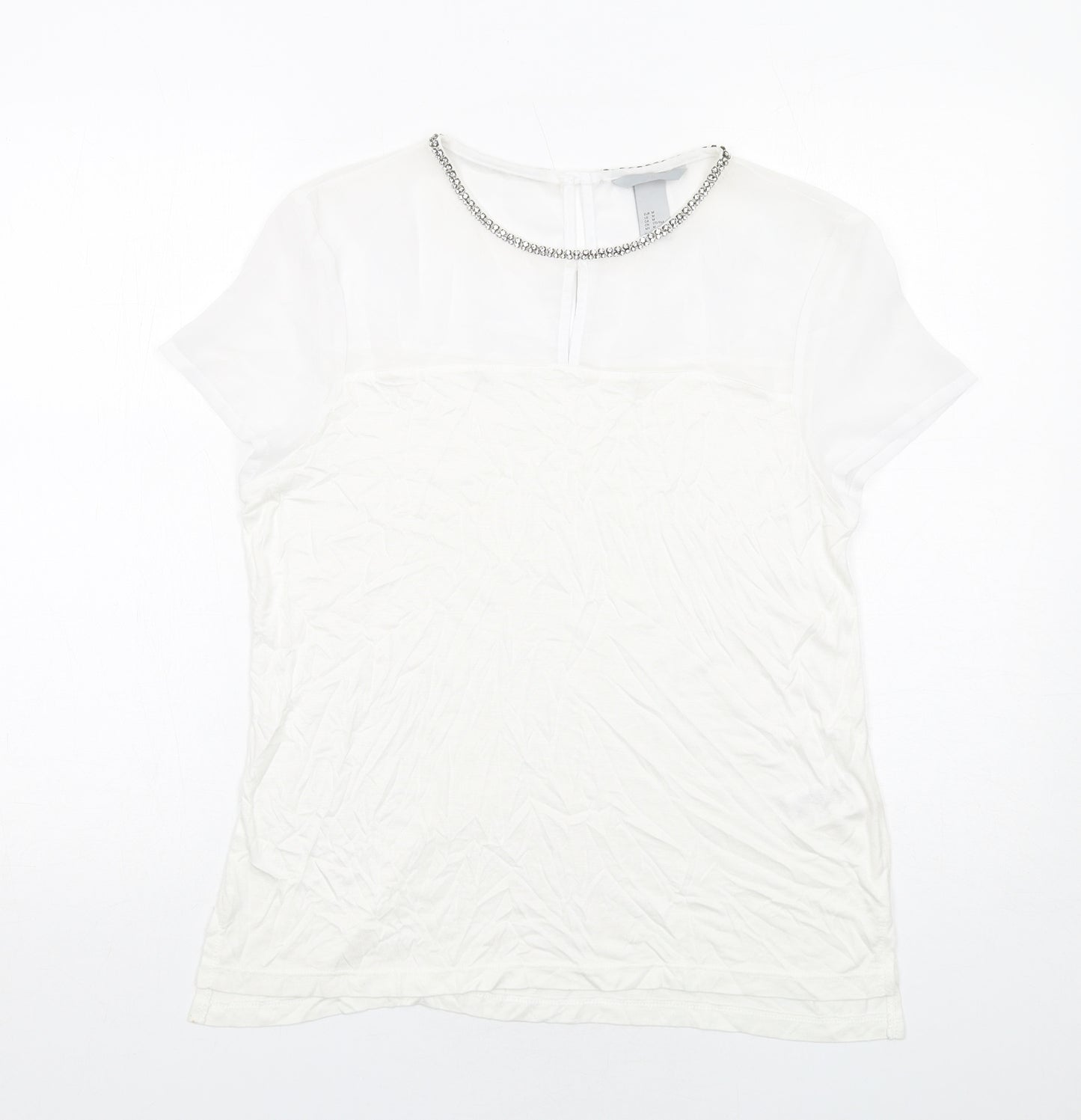 H&M Womens White Polyester Basic T-Shirt Size M Boat Neck - Embellished Neckline