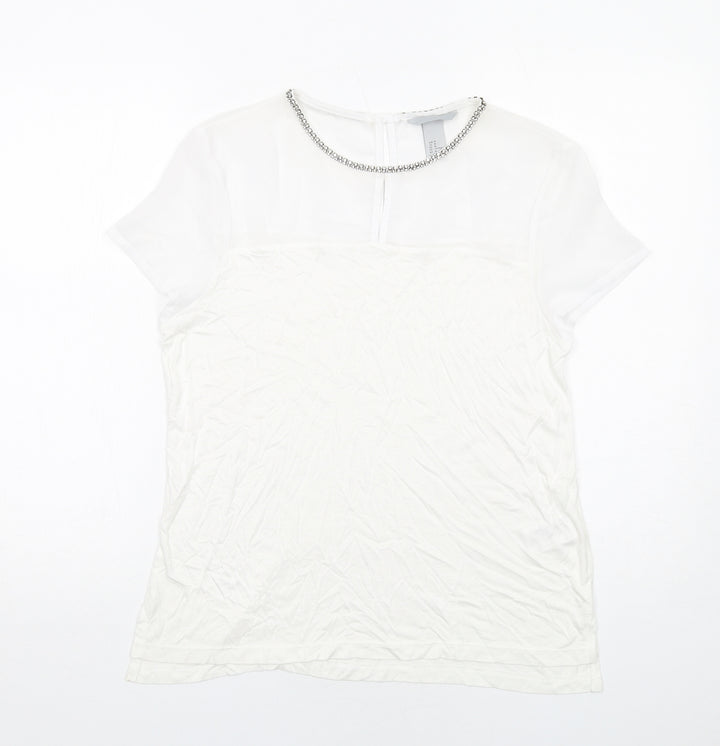 H&M Womens White Polyester Basic T-Shirt Size M Boat Neck - Embellished Neckline